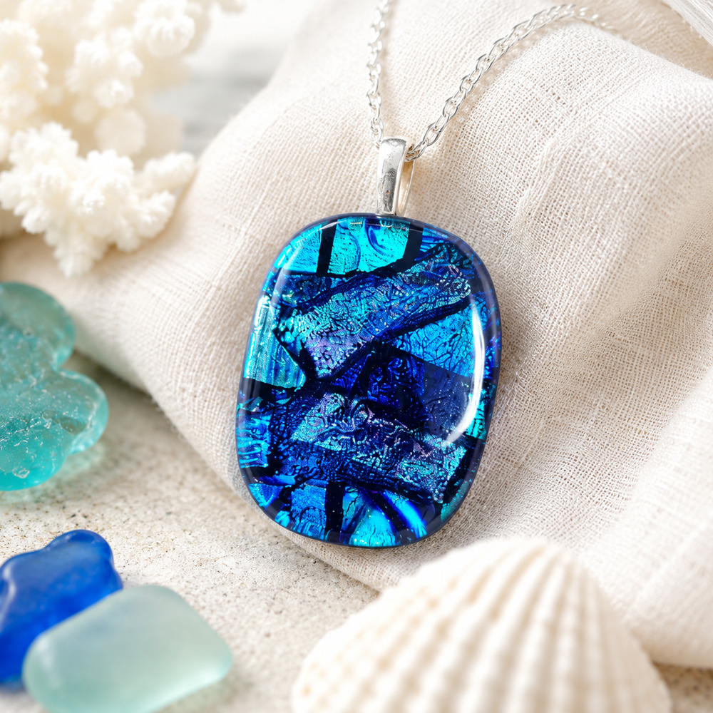 Blue Dichroic Glass Pendant Necklace Iridescent Art Glass Coastal Mermaidcore